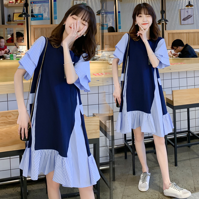 Summer New Style Korean Version Plus Size Maternity Wear Loose Mid-Length Fake Two-Piece Dress Stylish Striped A-Line Skirt