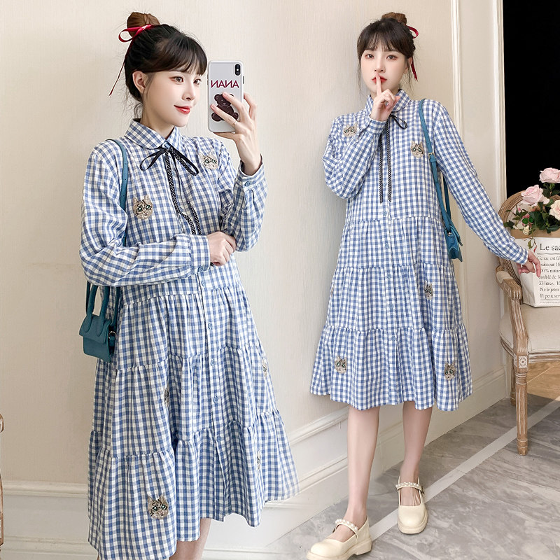 Gestational dress Spring loaded with new Korean version of the long version of the plaid dress large size easy to turn over long sleeve plaid A-word dress