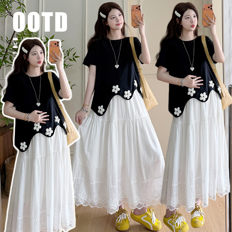 2026 Summer New Maternity Sweet Two-Piece Dress Set Summer Irregular Floral T-Shirt + Skirt Set