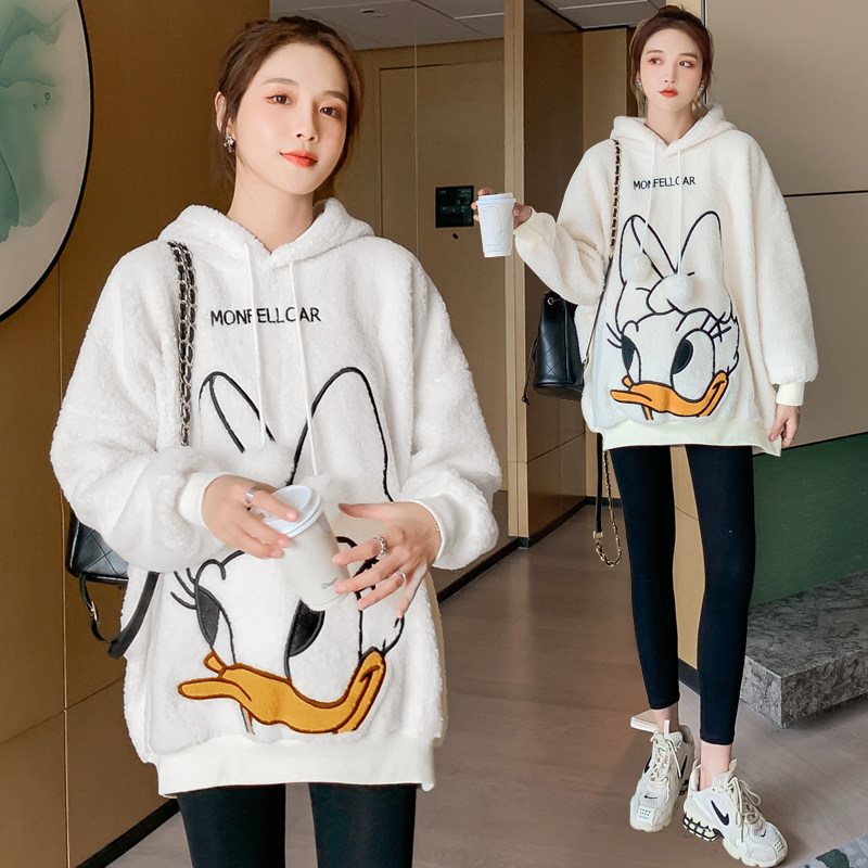 2021 Autumn Winter Dress Large Size Gestational Woman Dress Thickened and Fleece Clothing cartonouse with cap blouses Net Red Suit Fat MM