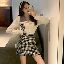 Sandro asw fried street age-reducing fashion slim knitted sweater suit Female foreign style houndstooth skirt two-piece set