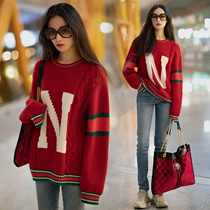Sandro asw red pullover loose crew neck sweater star Ni Ni with the same casual autumn casual sweater