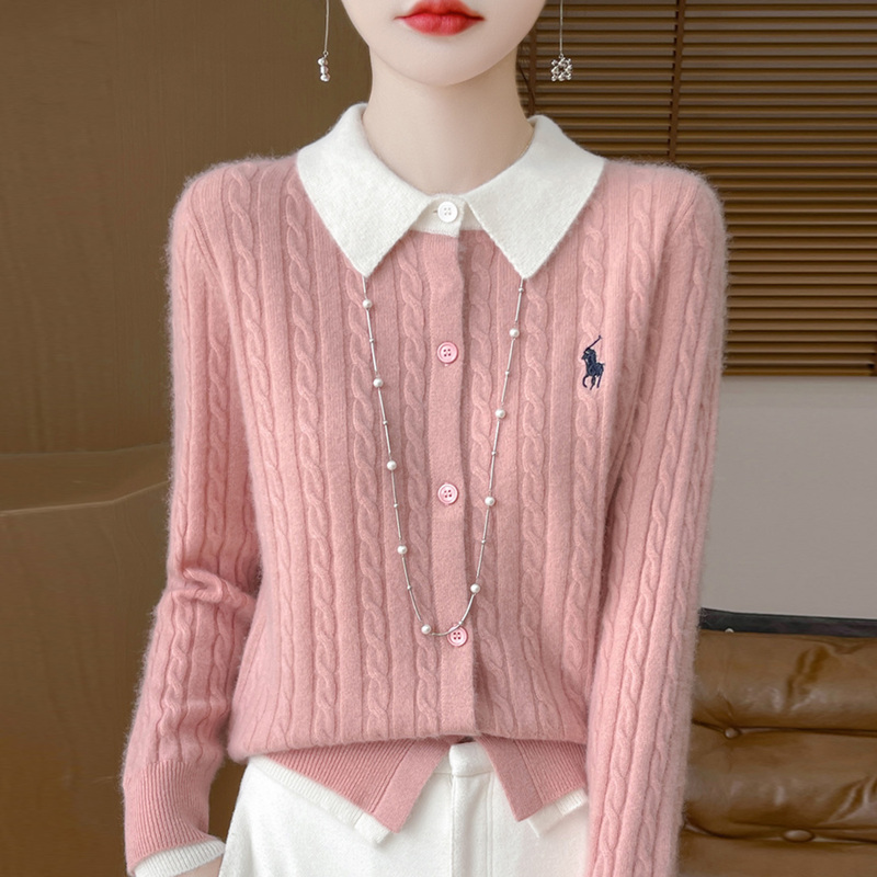 Elegant Lapel Fake Two-Piece Cashmere Sweater Cardigan for Women 2025 Early Autumn New Embroidered Loose Knitted Wool Coat