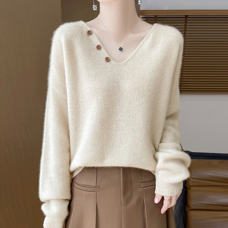 Lazy Style V Neck Buttoned Wool Knitted Sweater for Women 2025 Autumn and Winter New Style Loose Casual Bottoming Shirt Top