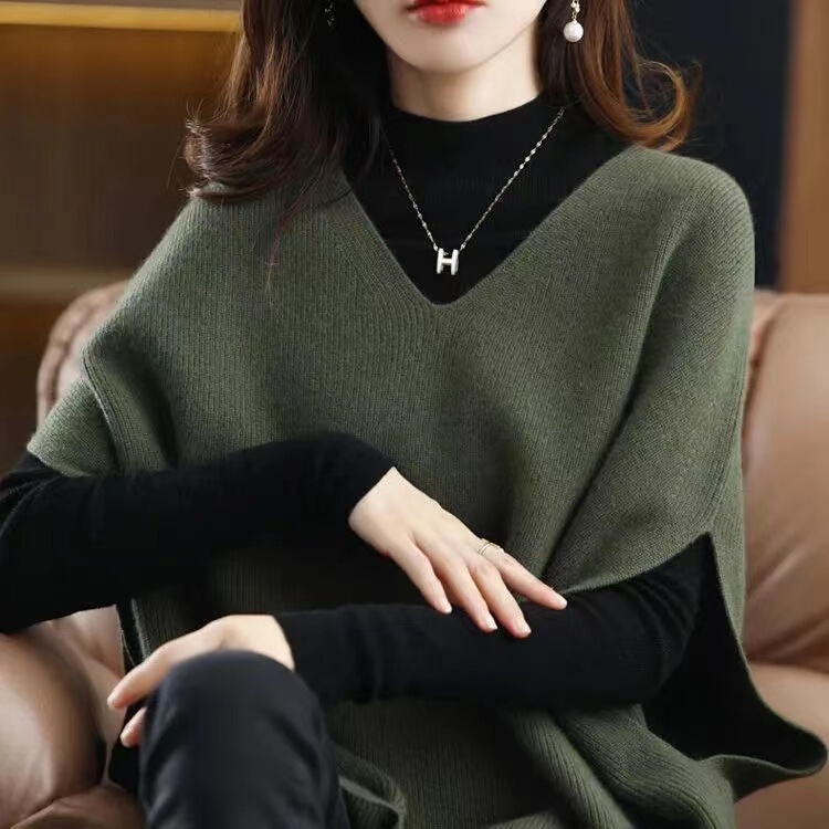 2026 Autumn/Winter New Large Size Cashmere Vest for Women with Batwing Sleeves, Loose Knitted Wool Sweater Vest