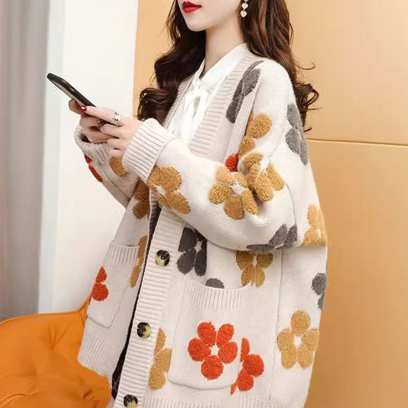 Korean Style Loose Large Size V Neck Knitted Wool Cardigan for Women 2025 Autumn and Winter New Style Lazy Style Cashmere Sweater Jacket