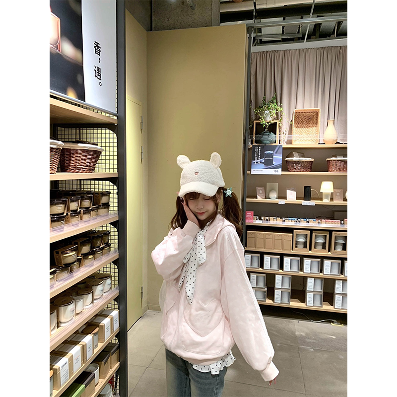 Birdy's Self-Made Korean-Style Cat and Star Print Hooded Sweatshirt for Women, Early Spring Versatile Loose Lazy Cardigan Jacket