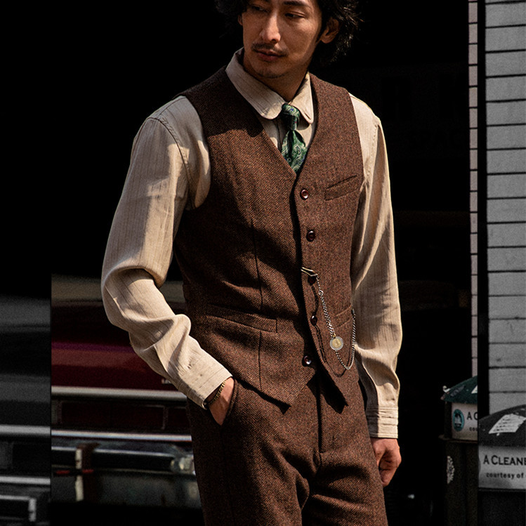British Retro Tweed Suit Vest for Men, Autumn Wool Herringbone Vest, Vintage Suit Waistcoat Jacket