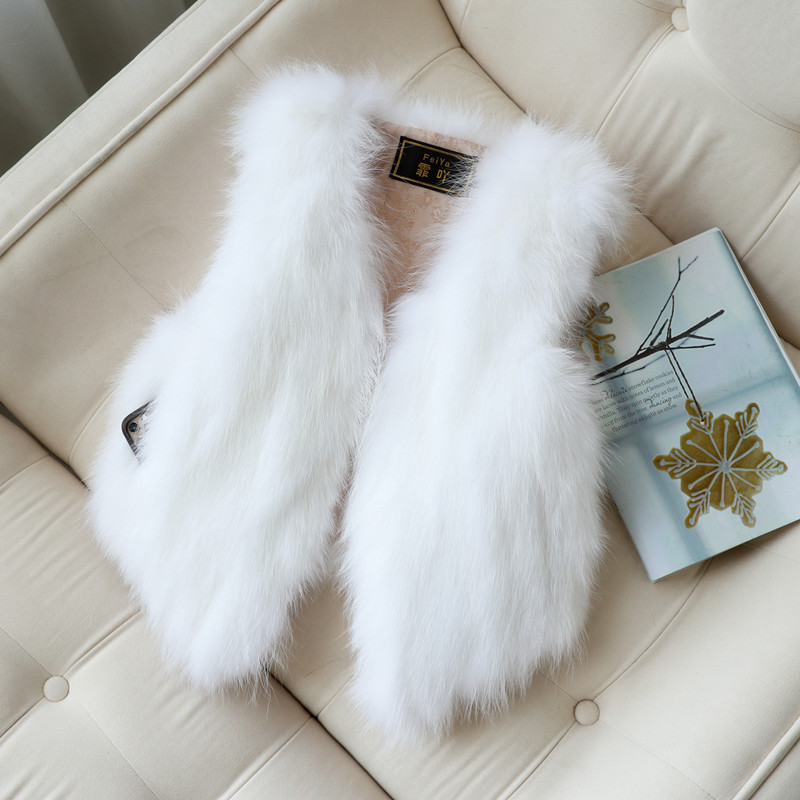 Haining New Style White Fox Fur Vest for Women, Short Fur Integrated Raccoon Fur Vest, Real Fur Vest