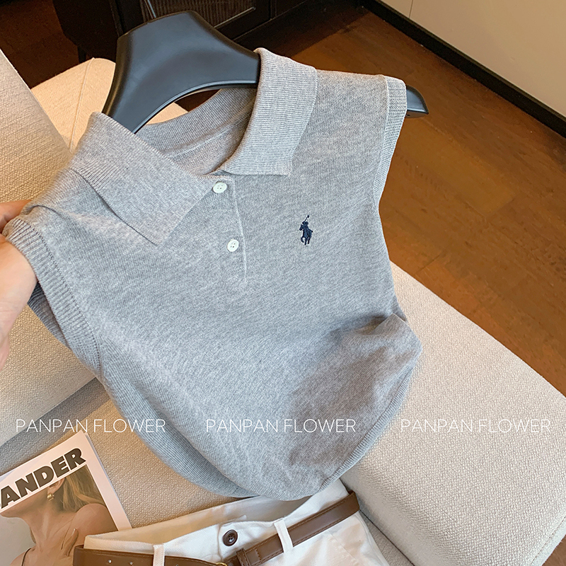 Old Money Style Gray Polo Collar Sleeveless Knitted Vest for Women 2026 Summer New Elegant Slimming Simple Short Top