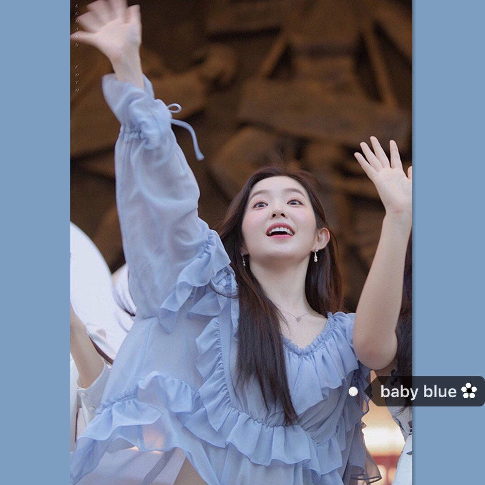 2020 Summer Korea chic retro sweet US foreign pie Aging Lotus Leaf Side Baby Blue V Collar Slim long sleeve shirt