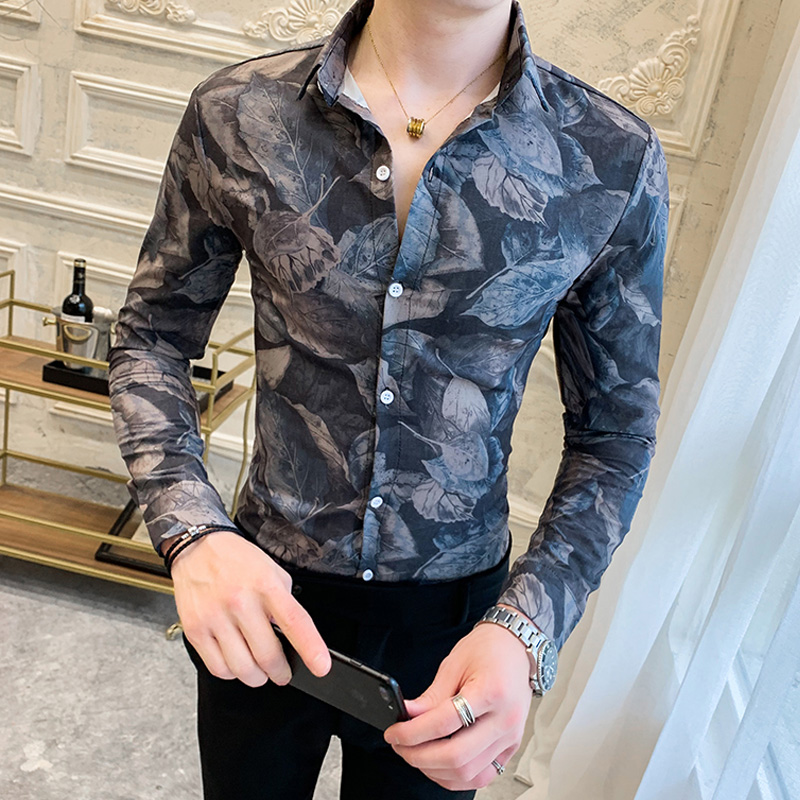 2021 new spring and autumn long sleeve shirt men Korean trend slim handsome casual high-end printing men's shirt