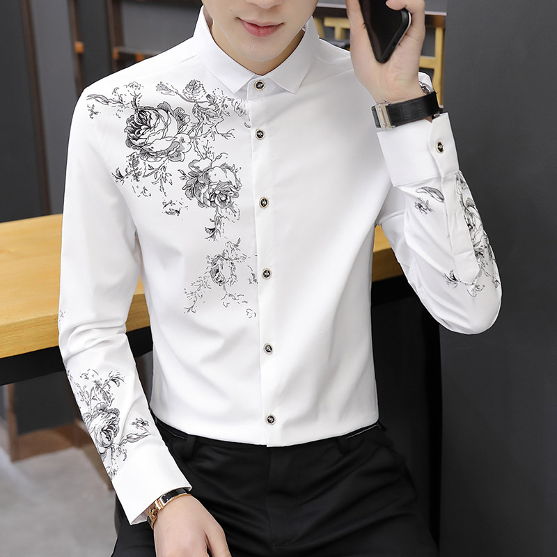 Spring and autumn 2021 new men's long-sleeved shirt trend white shirt slim high-end sense free ironing high-end printing inch shirt