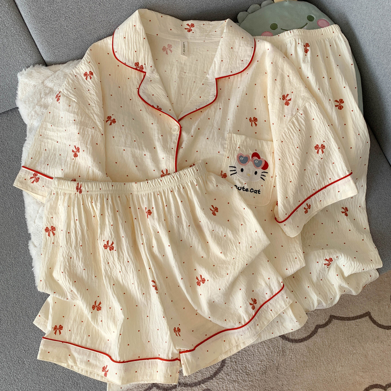 Pajamas for Women Spring and Summer 2026 New Short-Sleeved Long Pants Three-Piece Set with Chest Pad Thin Cloud Cotton Cute Home Wear