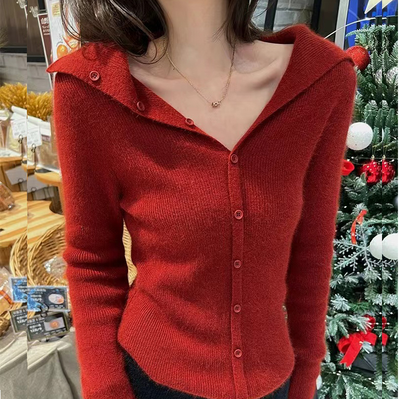 New Autumn and Winter 100% Wool Knitted Cardigan for Women, Red Knitted Sweater with Lapel, Cashmere Sweater Jacket