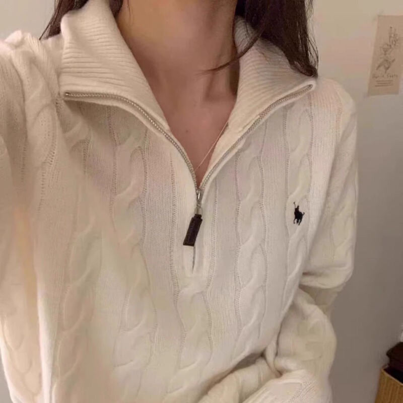 New White Sweater for Women, Autumn and Winter Thickened Lapel, Super Stylish Outerwear, Wool Half-Zip Knit Top