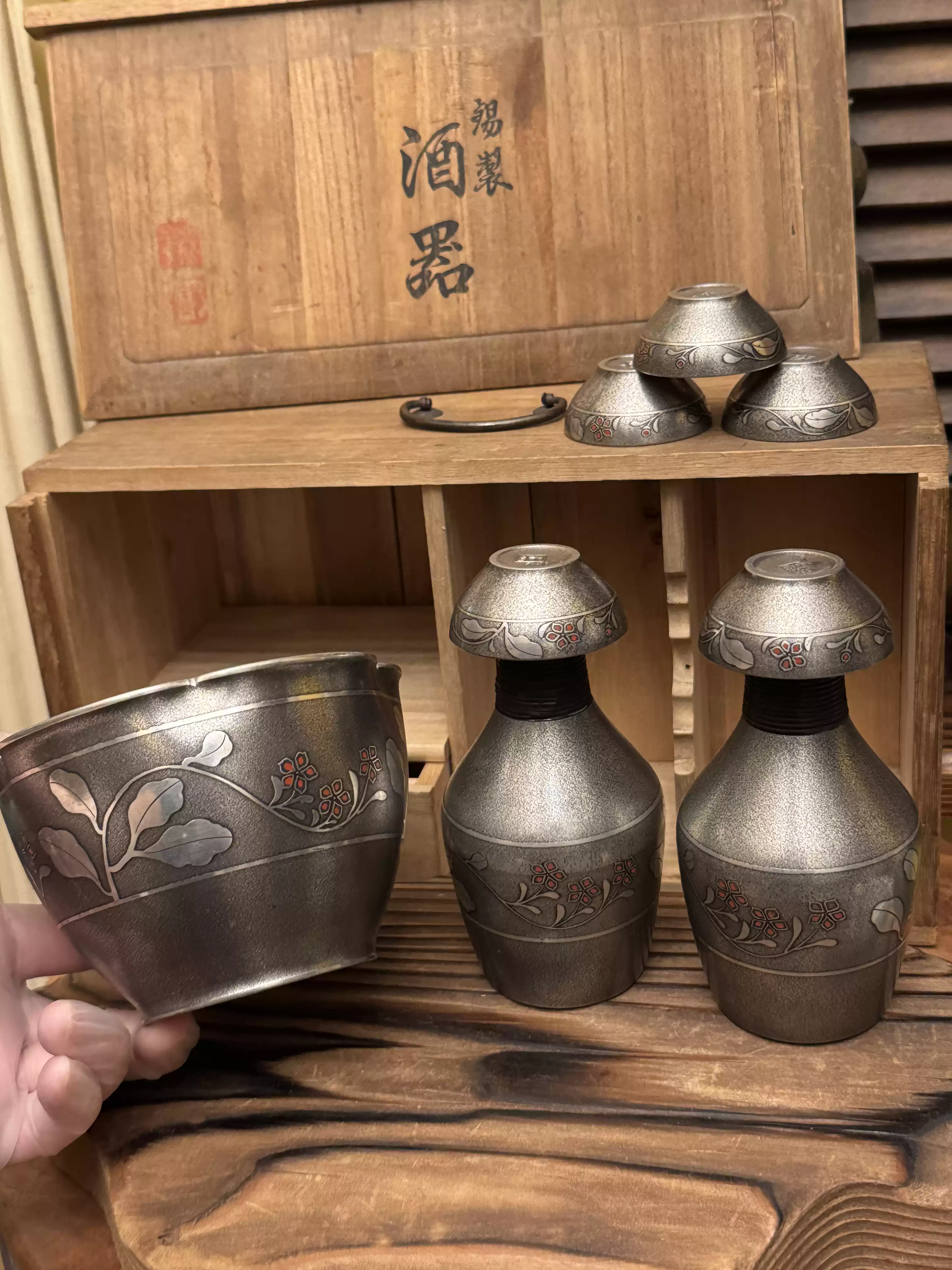 日本購回大阪錫器浪華錫半製造本錫酒具套兩隻錫酒壺五隻錫酒杯-淘寶