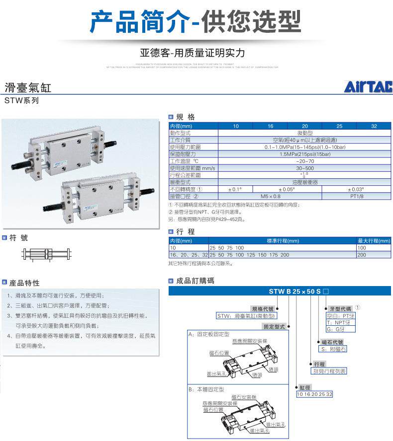 Цилиндр 全新原装亚德客滑台气缸stw25/32x25x50x75x100x125x150x175x200 Airtac