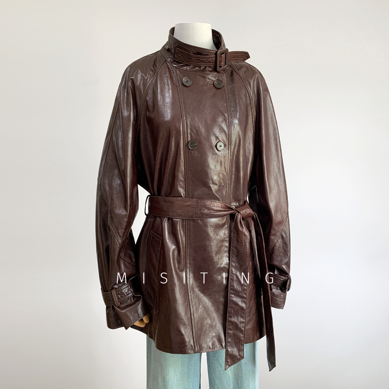 High-End Cold-Extracted Oil Wax Lambskin Genuine Leather Jacket for Women 2026 Spring and Autumn New Style Leather Trench Coat Mid-Length Leather Coat