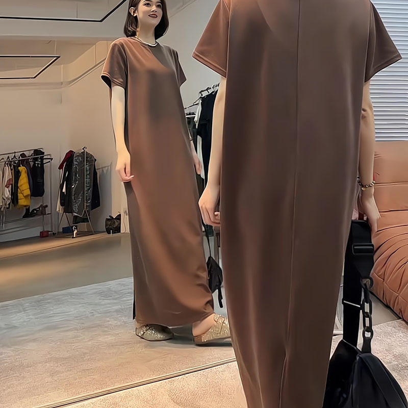 European Retro Round-Neck Lazy Style Long Camel-Colored Short-Sleeve Dress for Women, 2025 Summer New Casual Top Trend