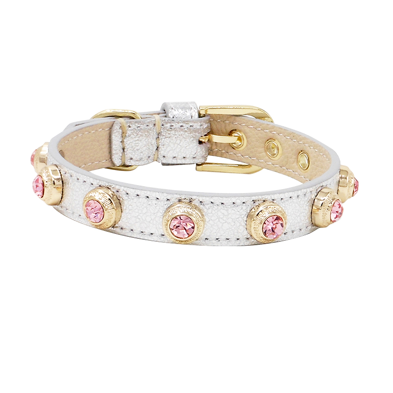Multicolored optional Pink Stones Inlaid Drill Flash Drilling Rivets Achille Genuine Leather Pet Item Ring Cat Dog Necklace