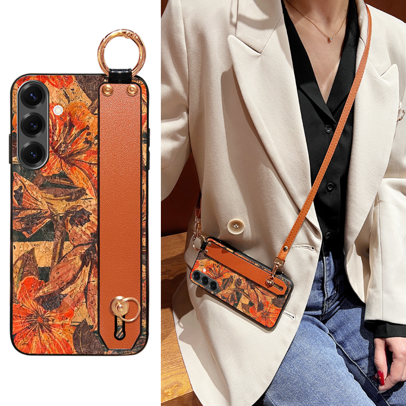 Icool Is Suitable for Samsung S26 Wood Grain Phone Case, S25 Retro Niche Style, S24 Kapok Flower Note20 Wrist Strap Stand, S23Ultra Crossbody Lanyard, S21+ Protective Leather Case, S22 Silicone Soft