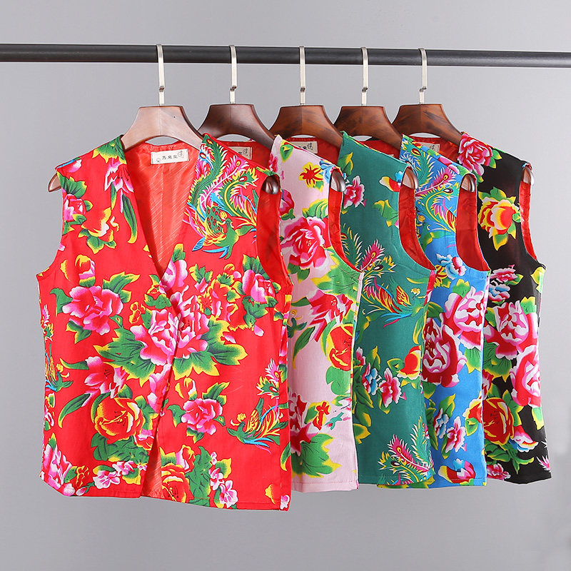 New Northeast large flower cloth thin sleeveless horse clip spring and summer men's cotton slim casual outdoor mountaineering vest waistcoat