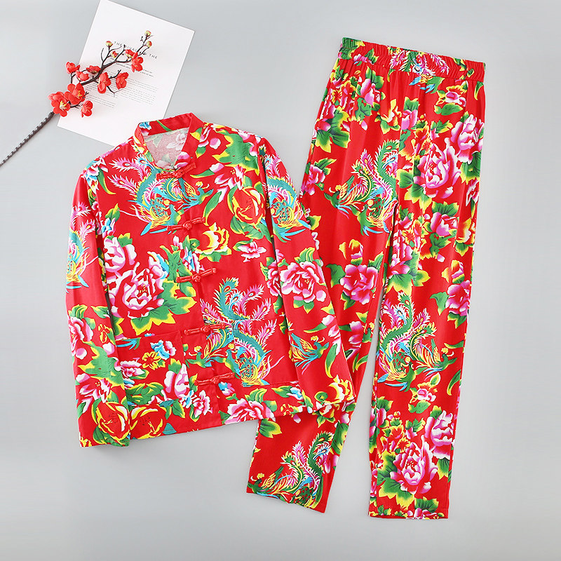 Large Floral Bouquet Spring Autumn Summer Men's Tang Dress Blouse Pants Suit Pure Cotton Loose Jacket National Wind Performance Out