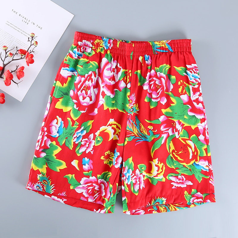 Men's 2021 new summer northeast large flower cloth thin section loose casual net red shorts pure cotton wide legs large pants