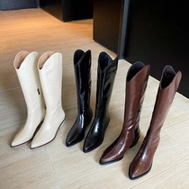 Tall Western boots retro diagonal Knight boots V-mouth French boots leather brown boots over-knee boots thick legs