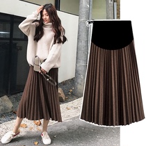 2021 pregnant womens skirt spring and autumn fashion A pleated woolen skirt adjustable medium length belly skirt autumn
