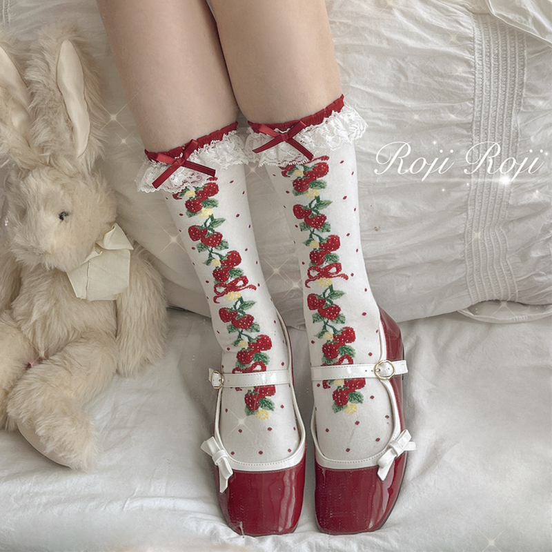 Strawberry Lolita Socks for Women, Spring and Autumn, Over-The-Knee, Thick, Pure Cotton, Printed Lace, Lolita Print, Japanese Style, Slimming Leg Socks Strawberry Lolita Socks for Women, Spring and Autumn, Over-The-Knee, Thick, Pure Cotton, Printed Lace, Lolita Print, Japanese Style, Slimming Leg Socks