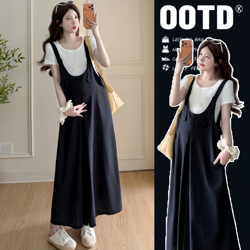 Maternity Suit, Summer Fashionable and Stylish, Belly-Covering Pure Cotton Top, Loose Overalls, Two-Piece Set, High-End Outfit for Pregnant Mothers