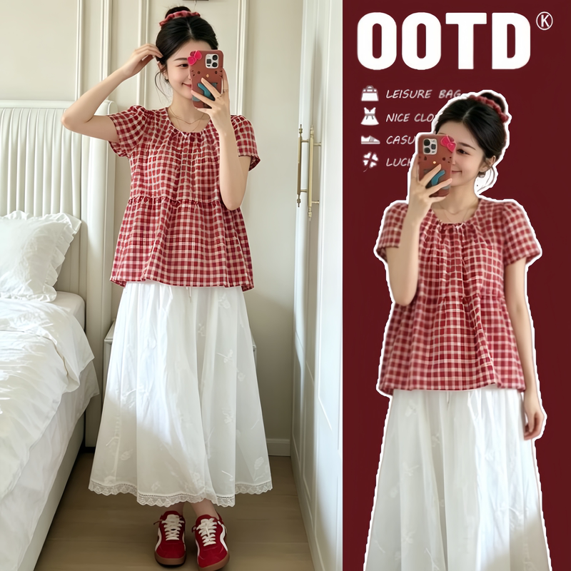 Maternity Summer Outfit 2026 New Stylish Plaid Top and Skirt Two-Piece Set Fashionable Maternity Wear