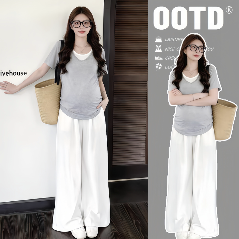 Trendy Maternity Wear for Summer: Two-Piece Set with Contrasting Color V-Neck Short-Sleeve Maternity Top and Belly-Supporting Wide-Leg Pants