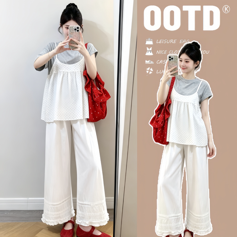 Maternity Wear Summer Fashion High-End Polka Dot Vest Top + Wide-Leg Pants Three-Piece Set Maternity Wear 2026 New Style