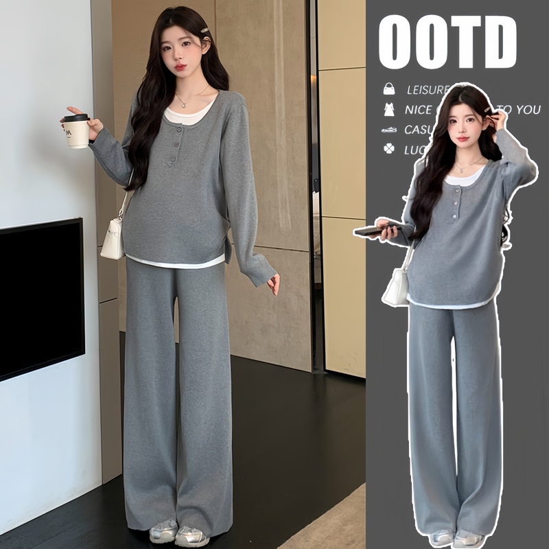 Korean-Style Maternity Set for Autumn and Winter, Long-Sleeve Knitted Top and Pants Two-Piece Set, Korean Version, Slimming and Discreet Maternity Wear Korean-Style Maternity Set for Autumn and Winter, Long-Sleeve Knitted Top and Pants Two-Piece Set, Korean Version, Slimming and Discreet Maternity Wear