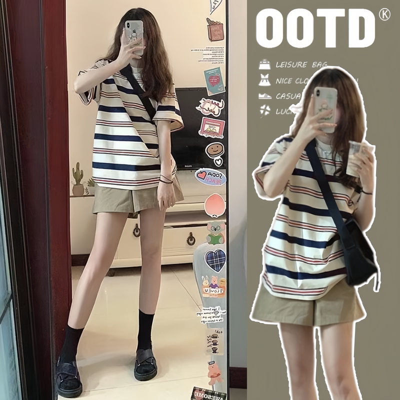 High-End Maternity Suit, Summer Loose and Stylish Striped T-Shirt, Maternity Top, Belly-Supporting Shorts, Two-Piece Set
