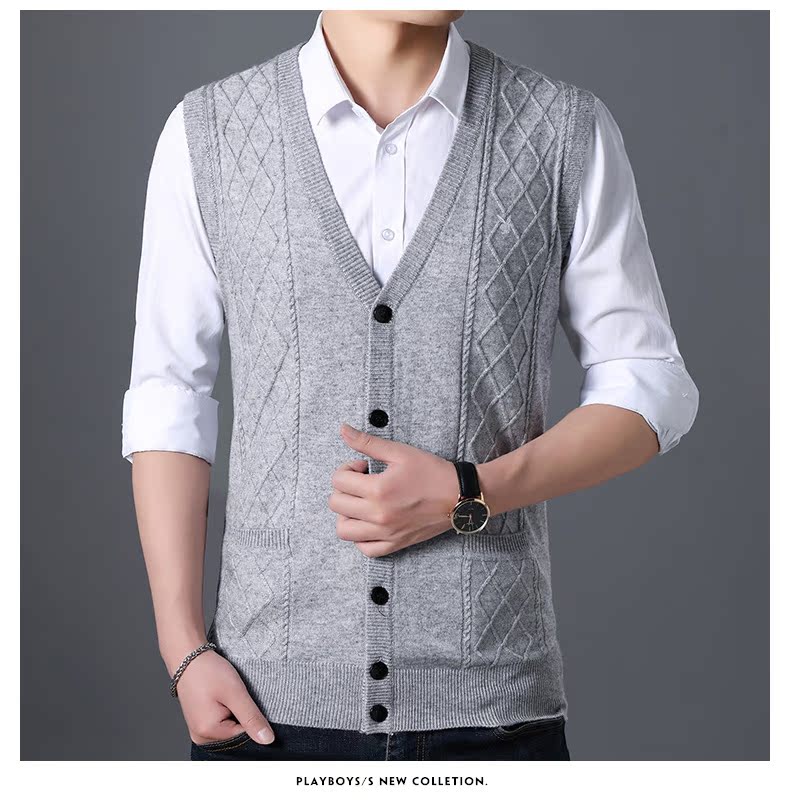 Playboy len vest nam mùa đông không tay đan áo len thanh niên len vest nam vest giản dị áo khoác len hàn quốc