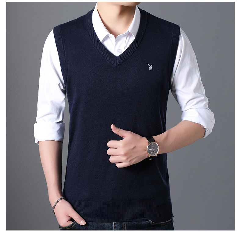 Playboy Men Vest V-cổ 2018 Mới mùa thu mỏng không tay đan áo len ngang vai Vest áo khoác len mỏng