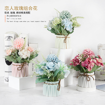 Nordic romantic Valentines living room indoor ceramic simple rose potted ornaments bonsai plant fake flower