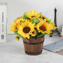 Home indoor shop Teahouse milk tea shop antique Chinese antiseptic wooden barrel sunflower sunflower artificial flower simulation flower