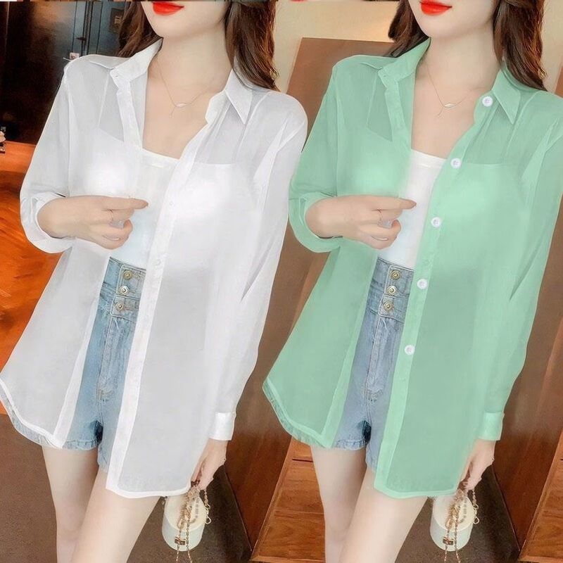 Women's Breathable Summer High-End Sun Protection Shirt, Summer Long-Sleeved Loose Thin See-Through White Shirt Jacket