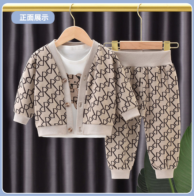 ຊຸດກິລາເດັກນ້ອຍໃນພາກຮຽນ spring ແລະດູໃບໄມ້ລົ່ນ 2024 ໃຫມ່ Baby Spring Clothes ເດັກນ້ອຍສາມຊິ້ນຊຸດ Handsome Boys' Clothes Western Trendy Clothes