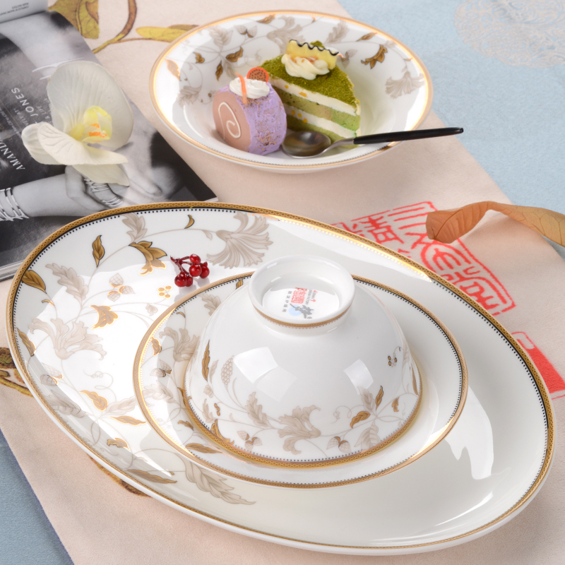 Dao yuen court dream tangshan ipads porcelain tableware suit 60 head dishes to suit the high - end Chinese style household ceramic bowl wedding gift