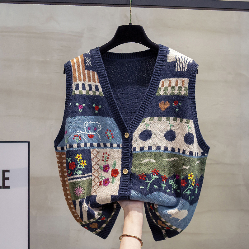 V-Neck Knitted Cardigan Vest for Women 2026 Spring and Autumn New Loose Outerwear Vest Graffiti Sweater Sleeveless Jacket