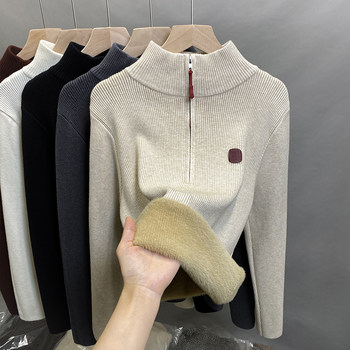 One-piece velvet zipper half turtleneck sweater plus velvet bottoming shirt