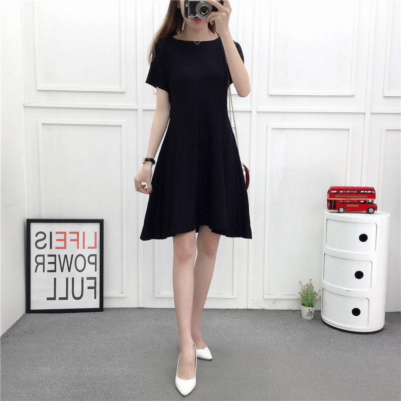 赫本小黑裙针织一字领过膝长款2018春新款修身显瘦短袖连衣裙女超