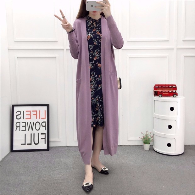 Mùa xuân và mùa thu mới 2018 Màu rắn mới Pocket Áo len dài Áo len nữ cổ chữ V Áo khoác ngoài dệt kim Áo khoác lười - Đan Cardigan thời trang công sở nữ