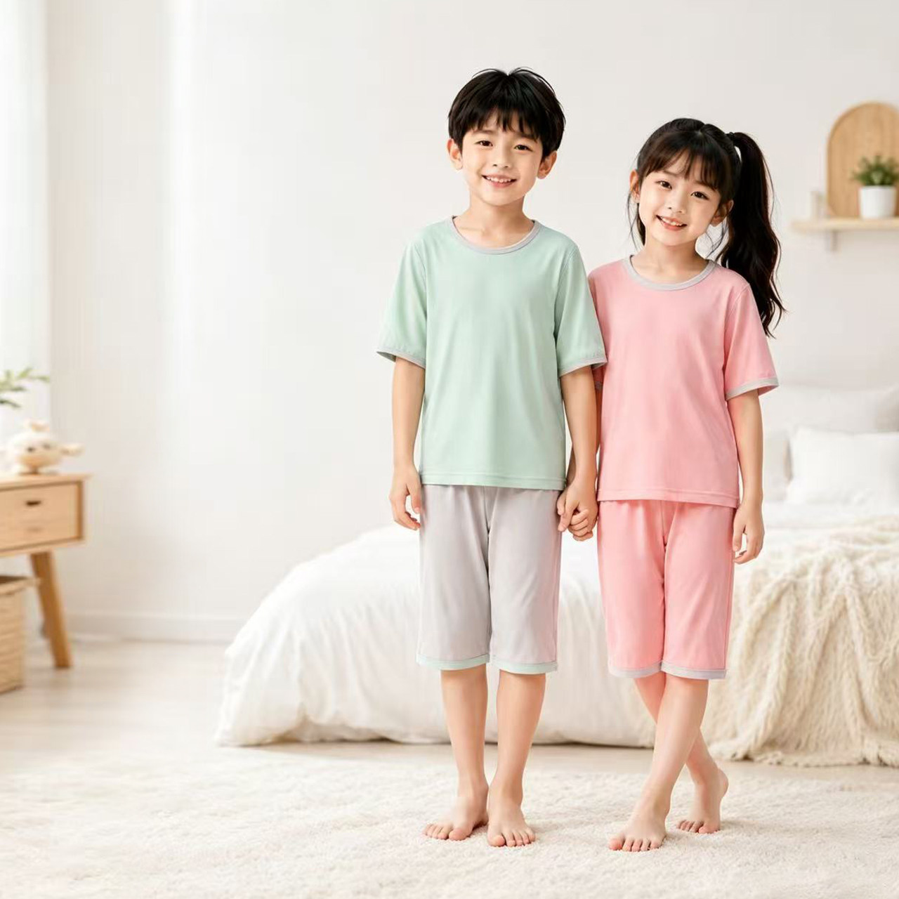 北吉熊儿童家居服中袖套装男女童夏季冰丝薄款舒适柔软凉感睡衣